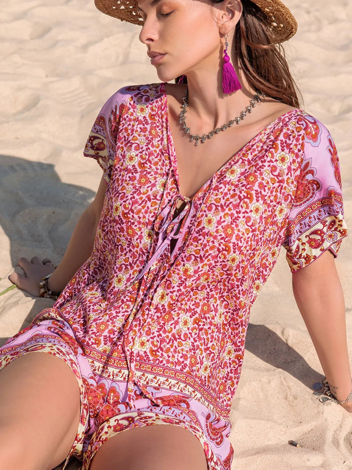 Printed V-Neck Short Sleeve Romper - Byyde