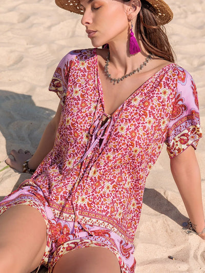 Printed V-Neck Short Sleeve Romper - Byyde