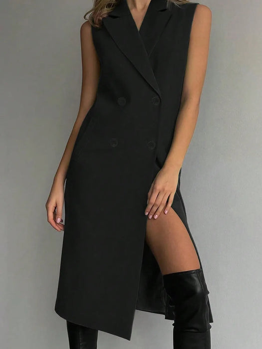 Lapel Collar Sleeveless Longline Blazer - Byyde