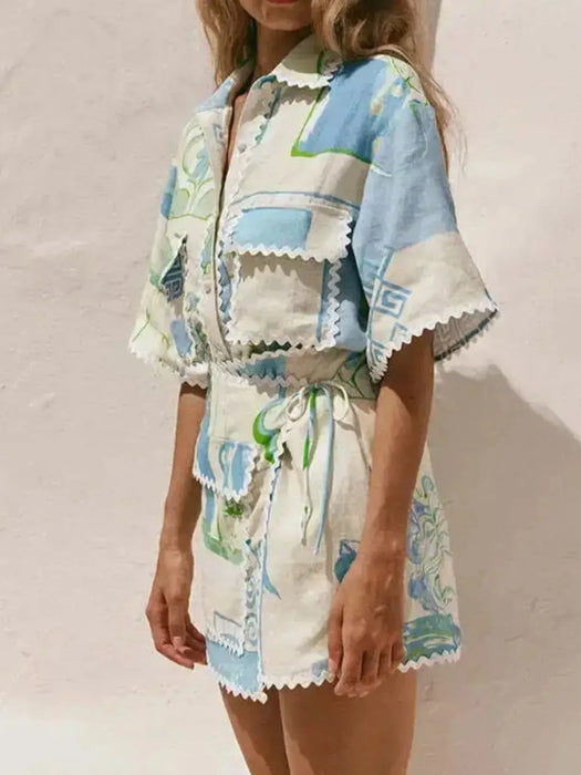 Printed Short Sleeve Shirt and Skirt Set - Byyde