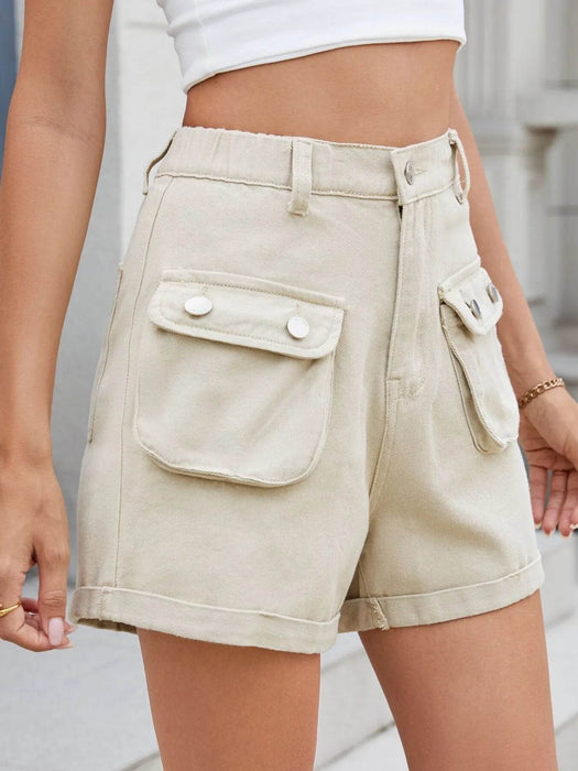 High Waist Cargo Denim Shorts with Multi Pockets - Byyde