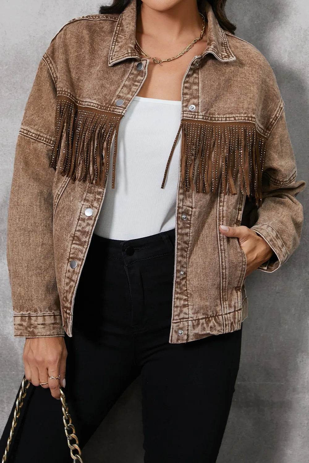Fringe Trim Snap Down Denim Jacket - Byyde