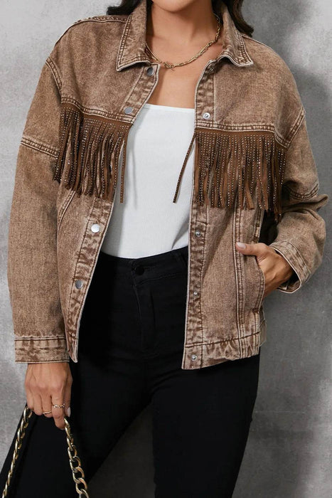 Fringe Trim Snap Down Denim Jacket - Byyde