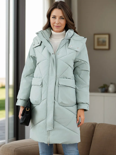 Long Sleeve Longline Hooded Winter Coat with Pockets - Byyde