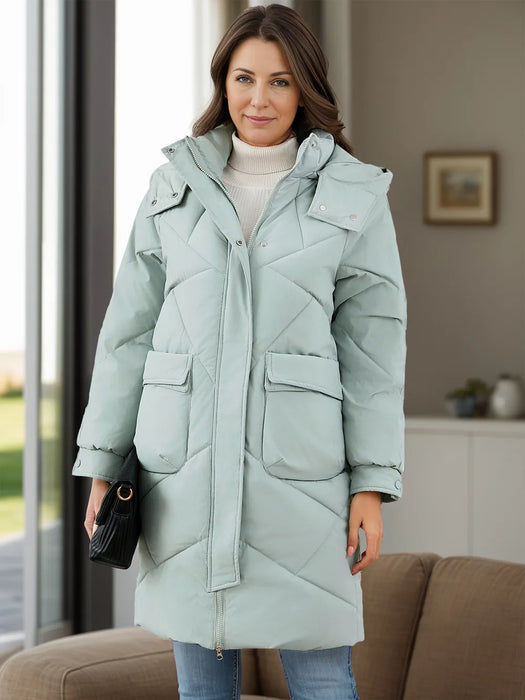 Long Sleeve Longline Hooded Winter Coat with Pockets - Byyde