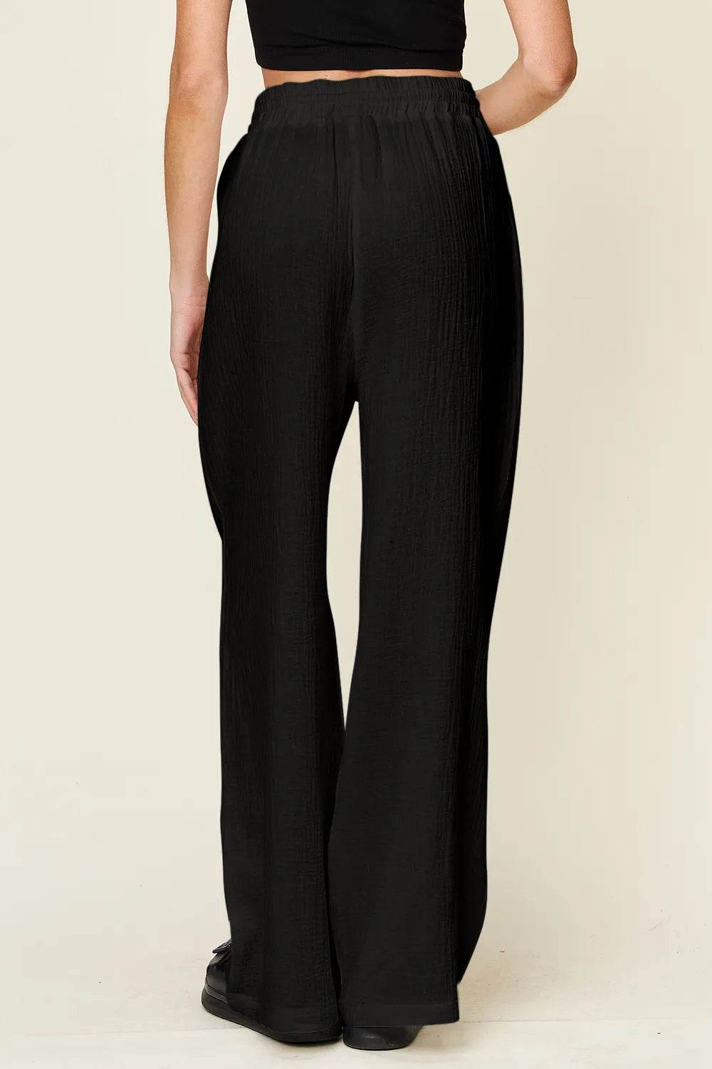 Double Take Full Size Texture Drawstring Wide Leg Pants - Byyde