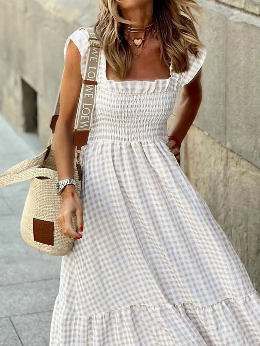Smocked Gingham Maxi Dress with Ruffle Straps - Byyde