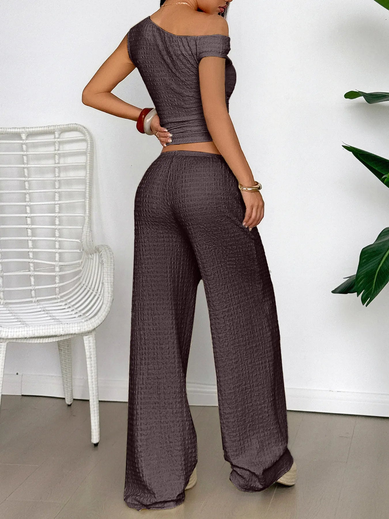 One Shoulder Top and Wide Leg Pants Set - Byyde