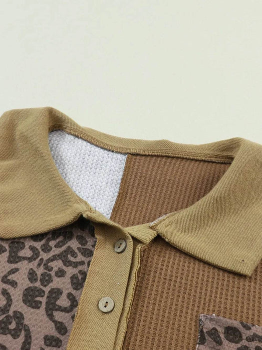 Half Button Leopard Collared Neck Blouse - Byyde