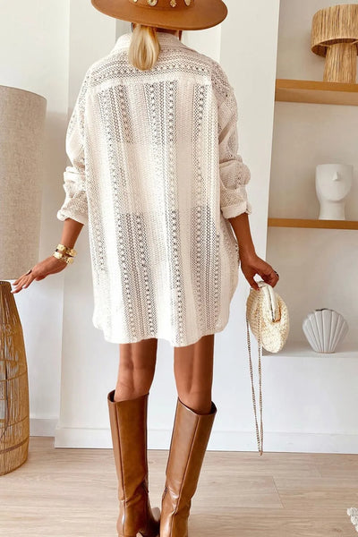 Lace Crochet Collared Neck Oversized Shirt - Byyde