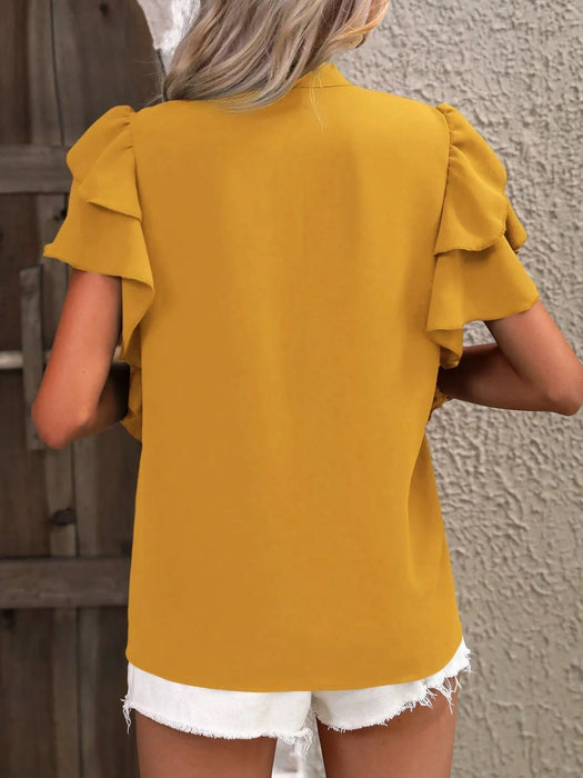 Ruffle Sleeve Notched Blouse - Byyde