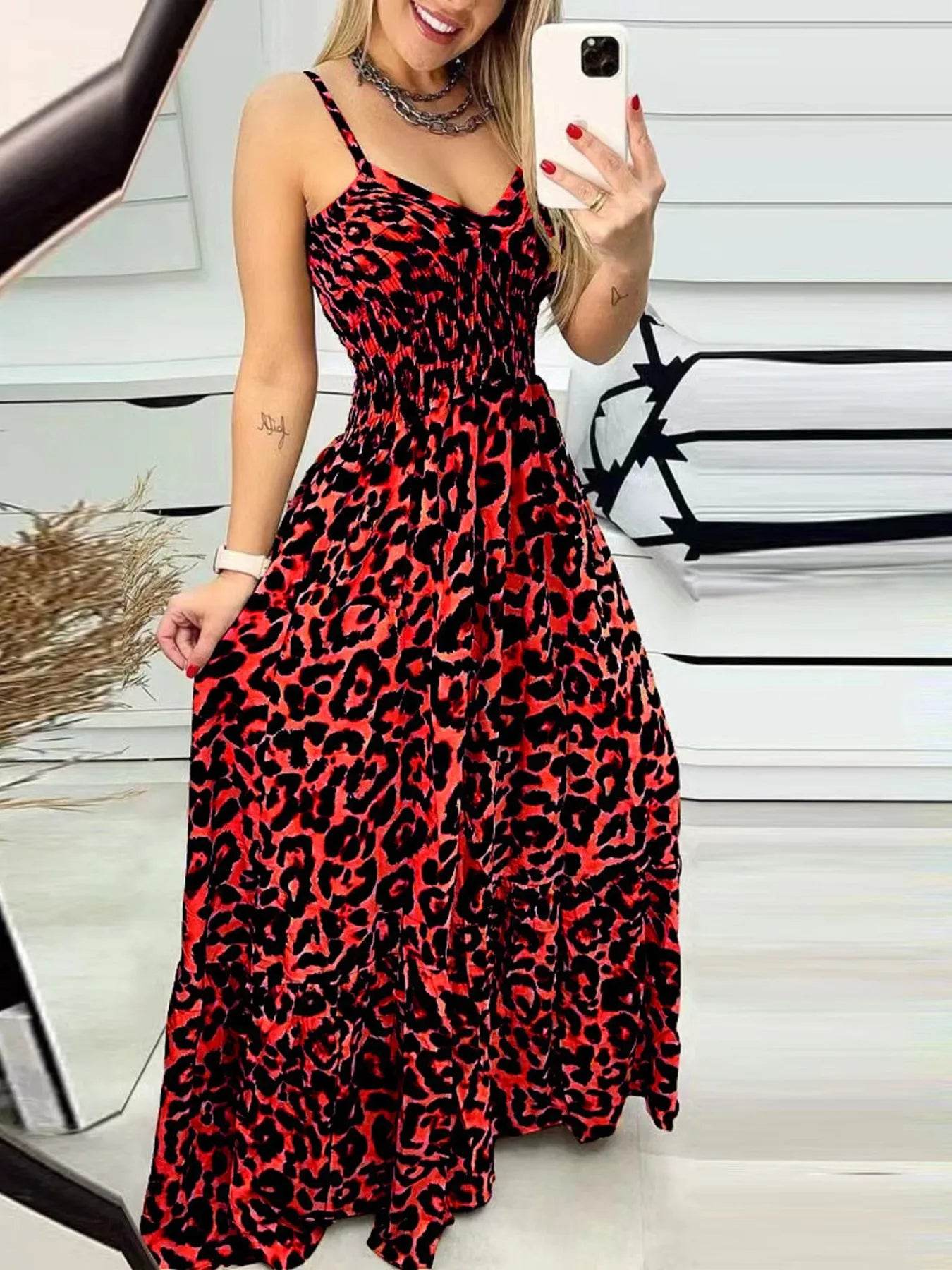 Full Size Leopard Print Spaghetti Strap Maxi Dress Plus Size - Byyde