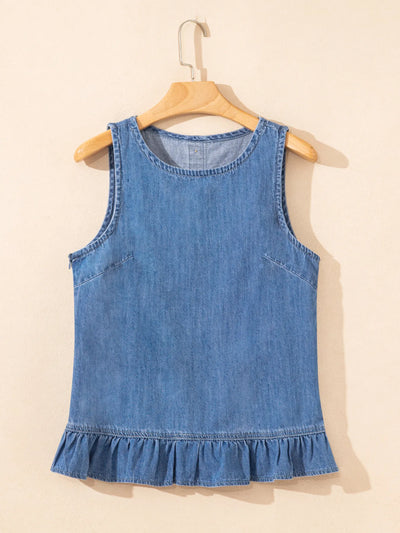 Sleeveless Ruffle Hem Denim Tank Top - Byyde