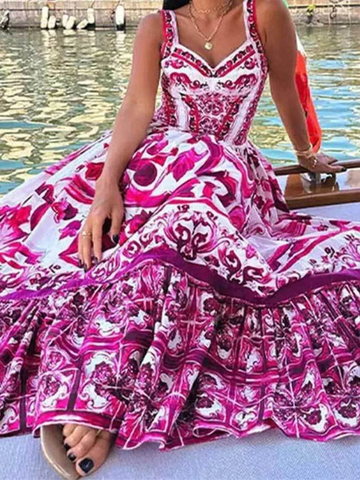 Full Size Printed Sweetheart Neck Maxi Cami Dress Plus Size - Byyde
