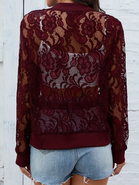 Sheer Lace Zip Up Long Sleeve Jacket - Byyde