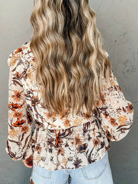 Drawstring Floral Lantern Sleeve Blouse - Byyde