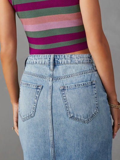 Raw Hem Front Slit Denim Midi Skirt - Byyde