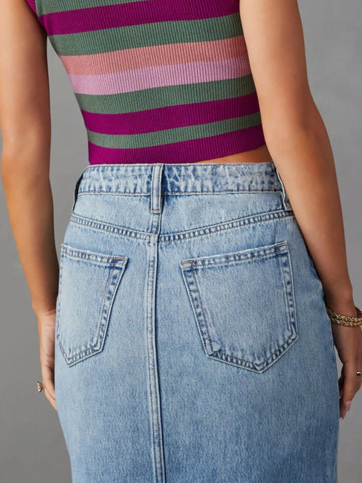 Raw Hem Front Slit Denim Midi Skirt - Byyde