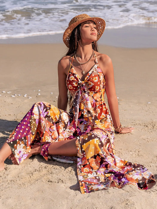 Slit Printed Halter Neck Cami Dress - Byyde