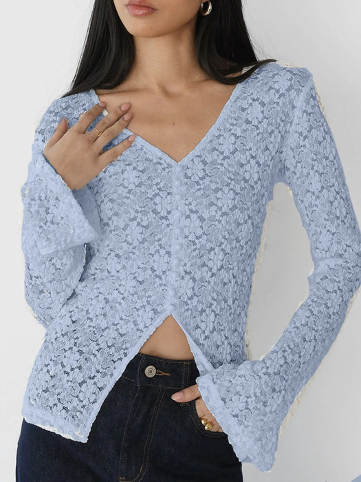 Lace V-Neck Flare Sleeve T-Shirt - Byyde