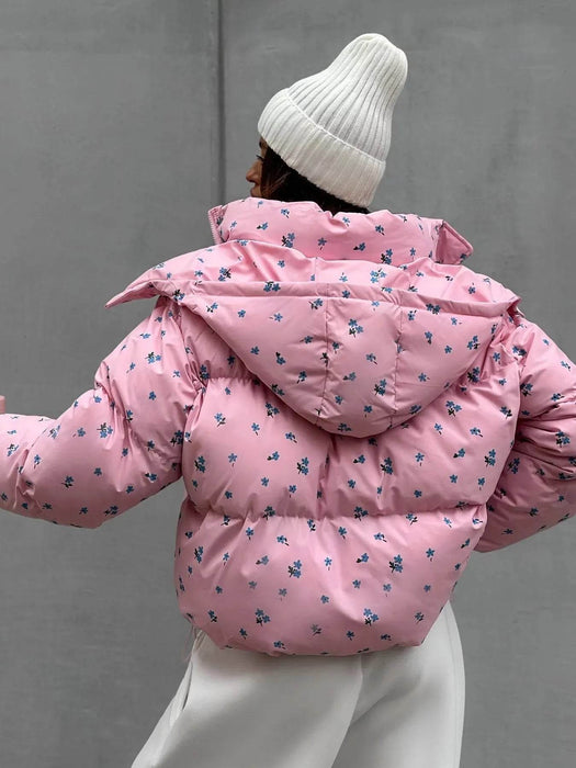 Floral Print Puffer Jacket with Hood - Byyde