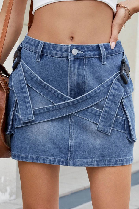 Criss-Cross Waist Detail Denim Mini Skirt - Byyde