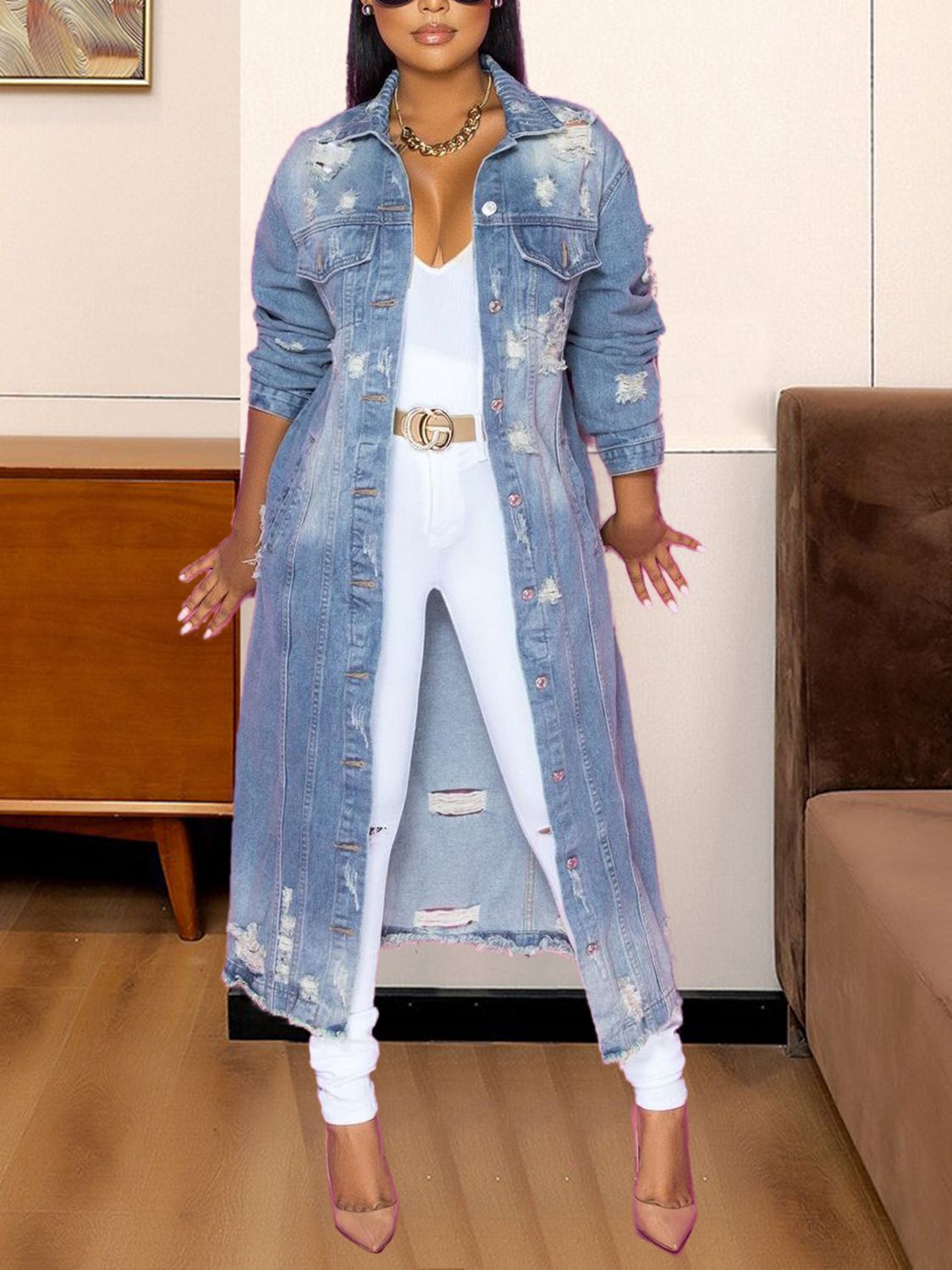 Long Sleeve Raw Hem Denim Jacket - Byyde