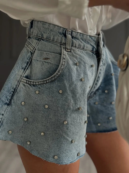 Rhinestone High Waist Denim Shorts - Byyde
