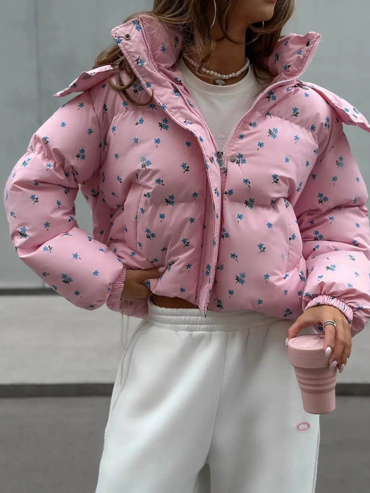 Floral Print Puffer Jacket with Hood - Byyde