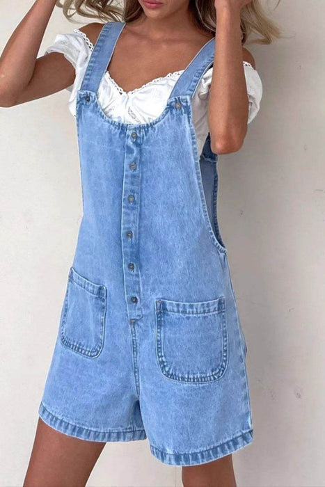 Button Front Denim Overall Shorts with Front Pockets - Byyde