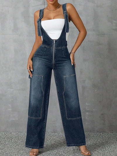 Zip Front Wide Strap Denim Overalls - Byyde