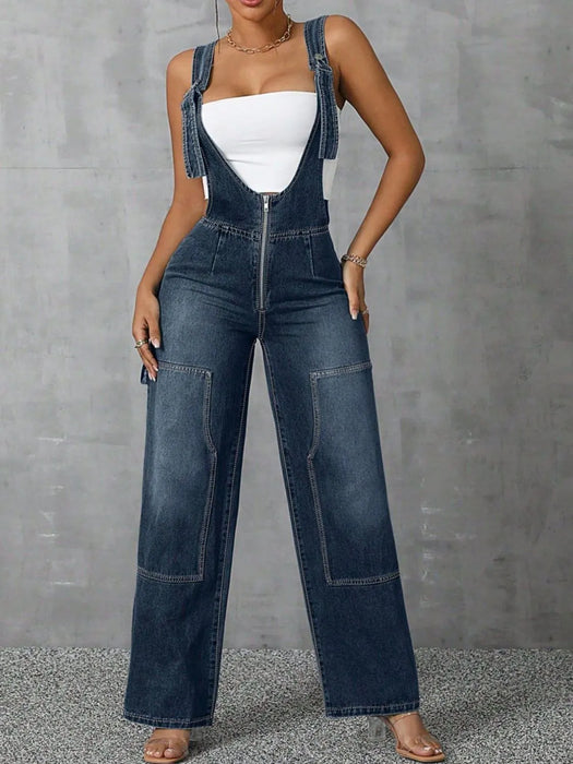Zip Front Wide Strap Denim Overalls - Byyde