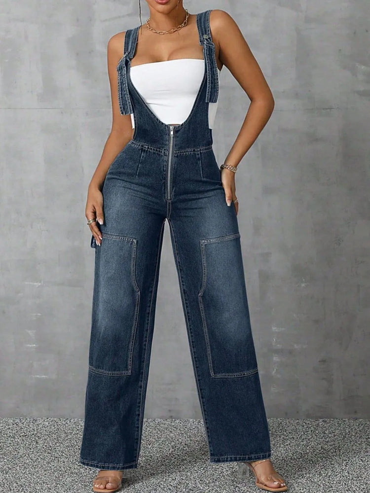 Zip Front Wide Strap Denim Overalls - Byyde