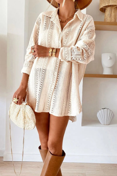 Lace Crochet Collared Neck Oversized Shirt - Byyde