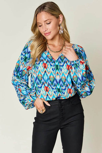 Double Take Full Size Printed Balloon Sleeve Blouse - Byyde