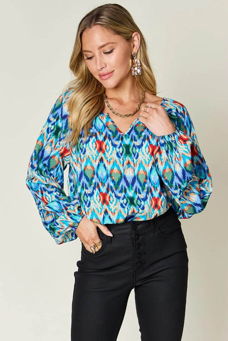 Double Take Full Size Printed Balloon Sleeve Blouse - Byyde