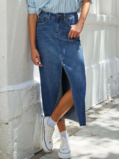 Raw Hem Front Slit Denim Midi Skirt - Byyde