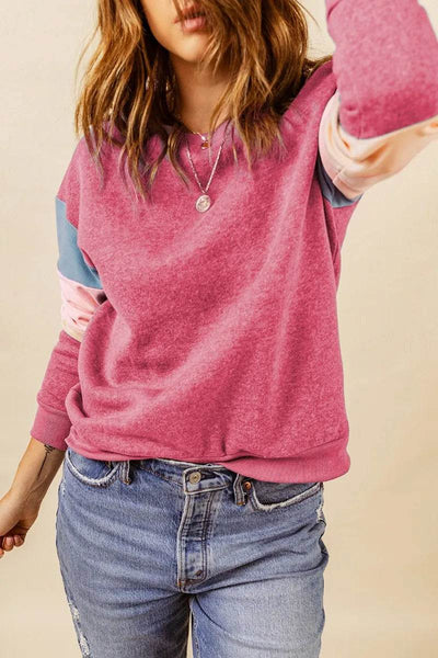 Color Block Round Neck Long Sleeve Sweatshirt - Byyde