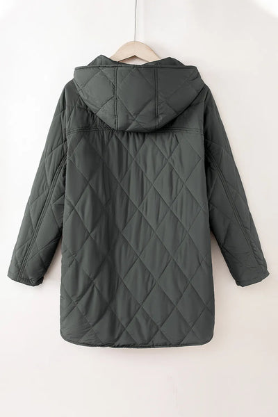 Snap Down Long Sleeve Quilted Winter Coat - Byyde